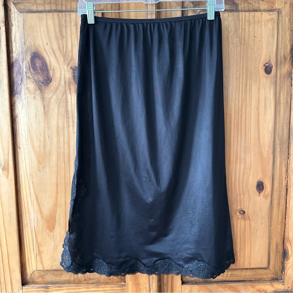 Vintage 70's Hanna Black Half Slip Scalloped Lace Hem w/Slit Coquette Style - M